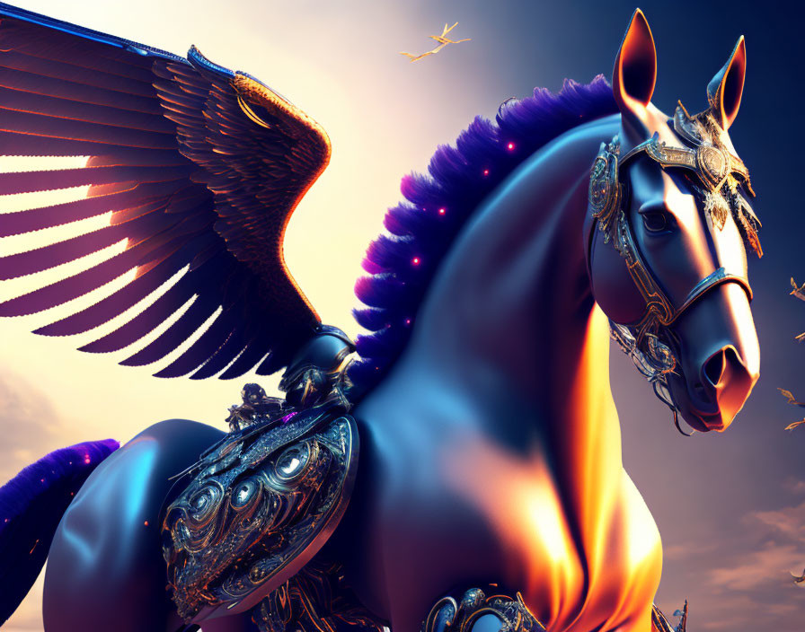 Majestic horse with armor and wings in sunset sky