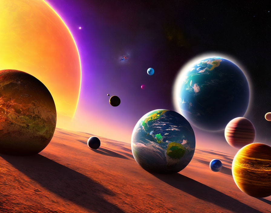 Colorful Sci-Fi Art: Planets, Moons, and Sun in Space