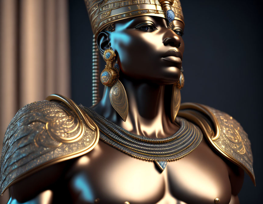 Ancient Egyptian queen in elaborate headdress and armor