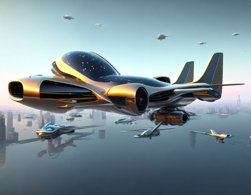 Sleek futuristic flying car above cityscape