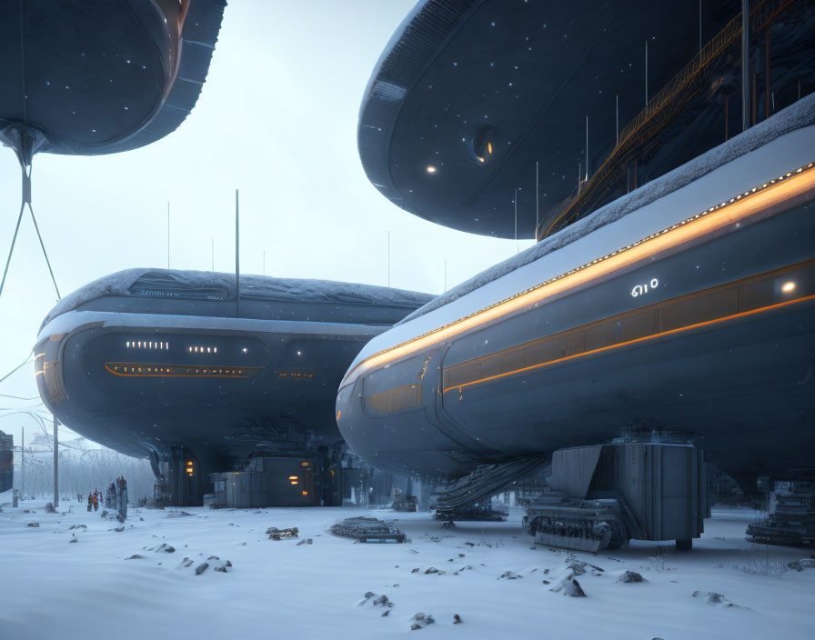 Futuristic starships in snowy industrial landscape at dusk