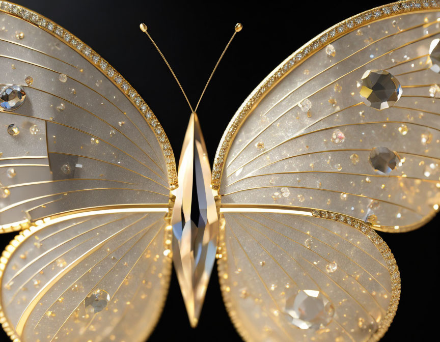 Golden Butterfly with Crystals and Diamonds on Dark Background