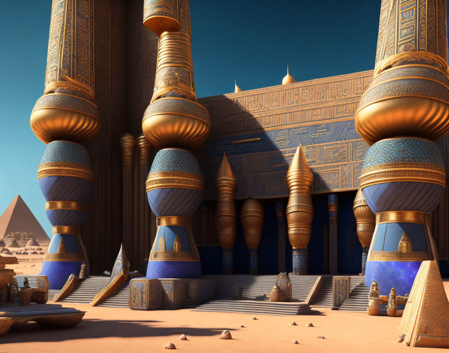 Futuristic Egyptian temple with blue and gold pillars and pyramids.