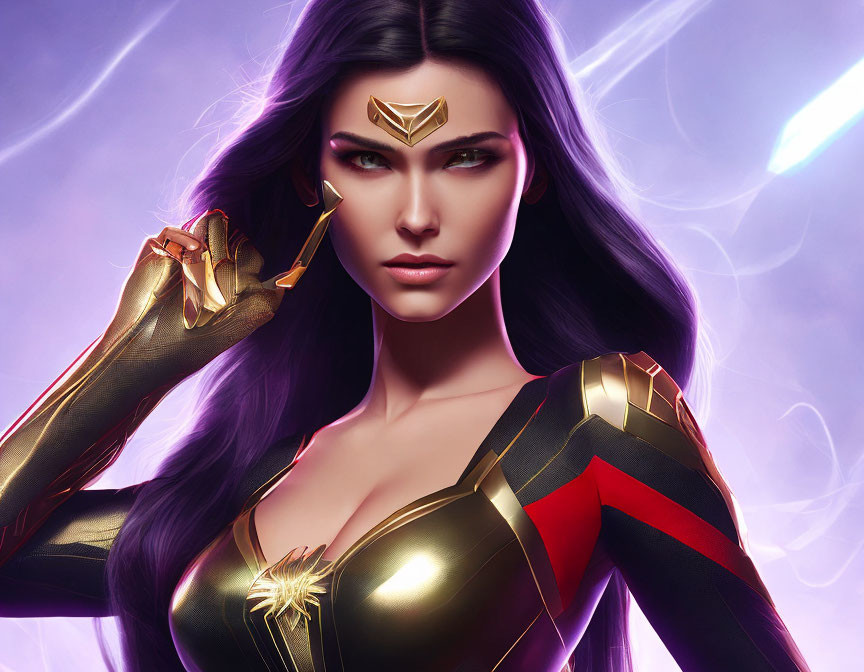 Female superhero digital artwork: Long purple hair, golden tiara, vibrant black, gold, and red