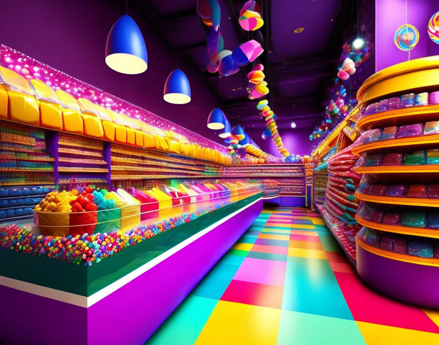 Colorful candy store with rainbow floor and whimsical decor