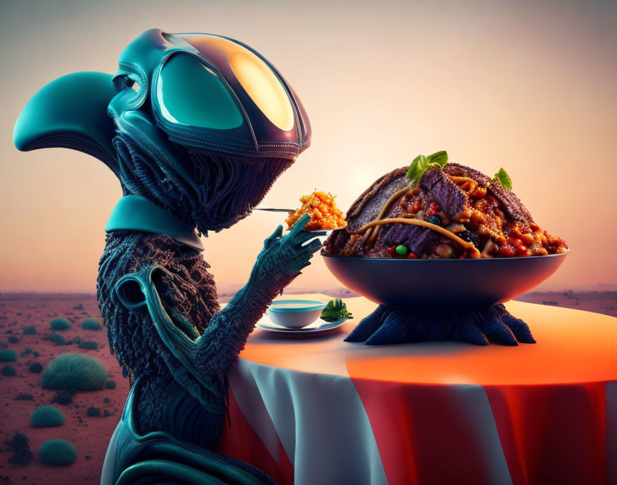 Alien with large beak tasting exotic dish in surreal desert landscape