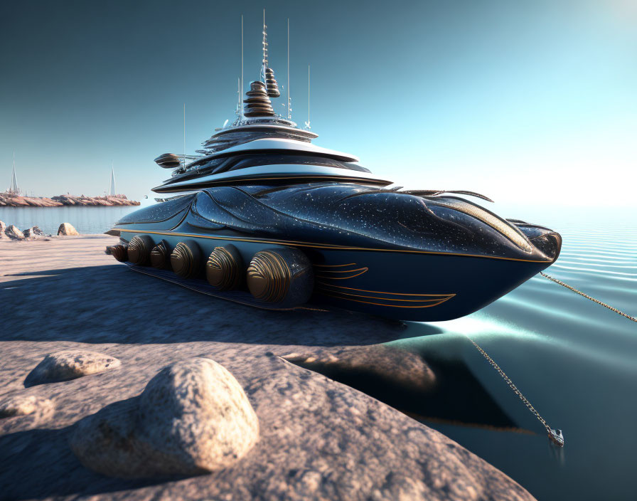 Sleek futuristic yacht stranded on sandy shore