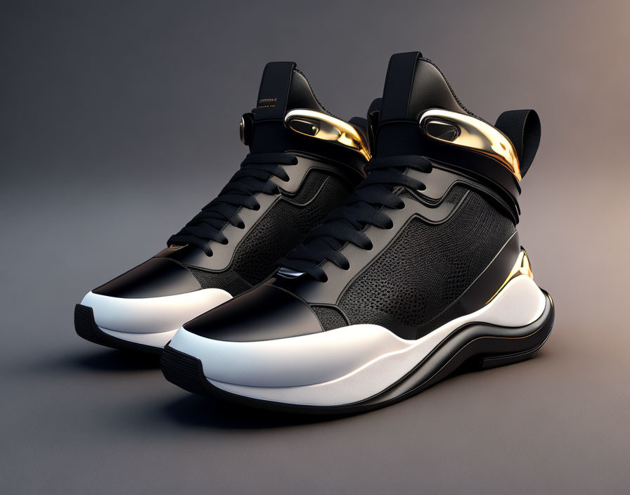 Black High-Top Sneakers with Gold Accents on Gradient Background