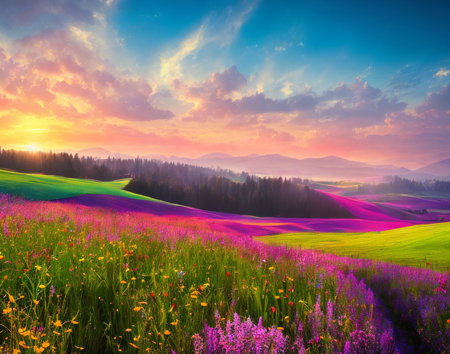 Colorful Sunset Landscape: Rolling Hills, Flower Fields, and Forest Sky