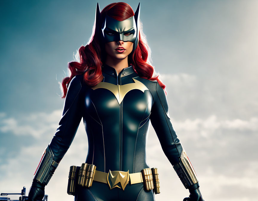 Superhero with bat mask and red hair in black and gold costume under dramatic sky