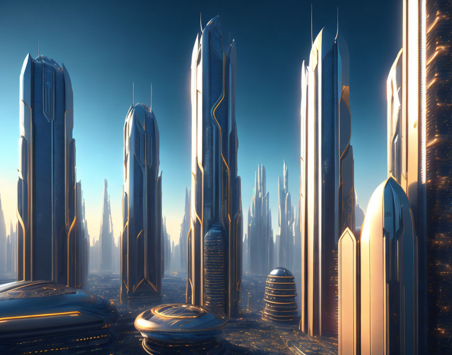 Golden sunlight illuminates futuristic cityscape with towering skyscrapers against clear blue sky