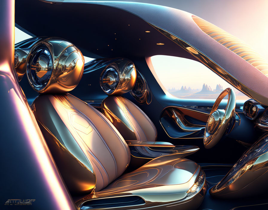 Sleek metallic futuristic vehicle interior with curvaceous design and ambient lighting