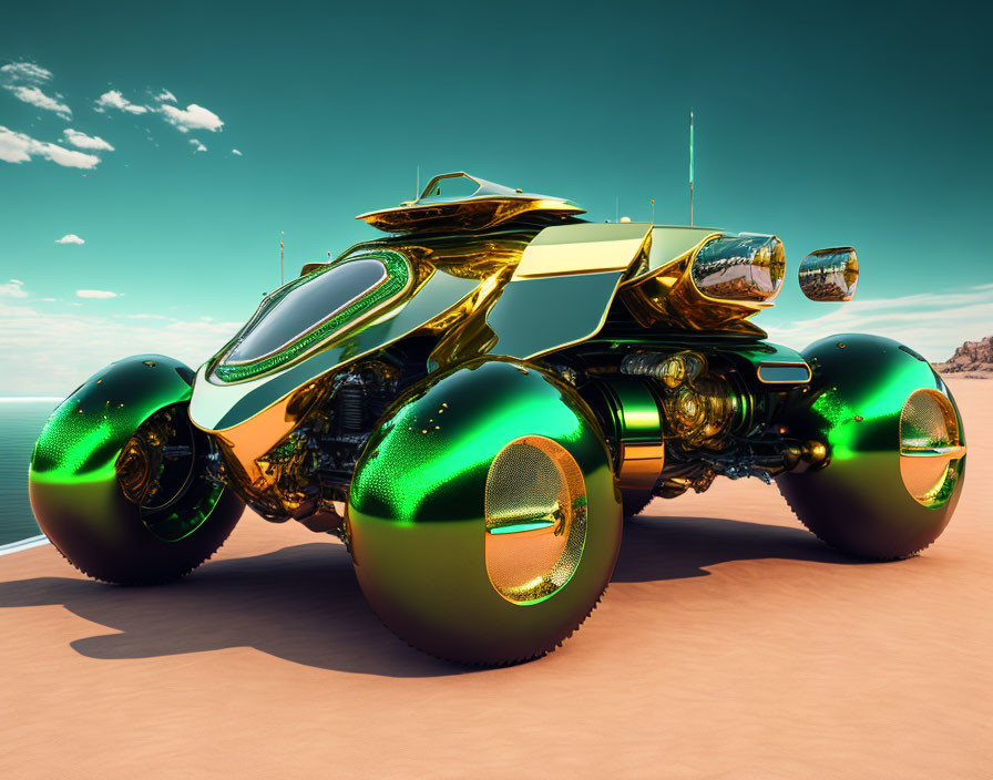 Sleek Green and Gold Vehicle with Spherical Wheels in Desert Landscape