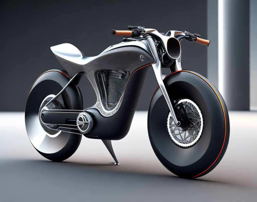 Futuristic black and silver motorcycle with orange accents