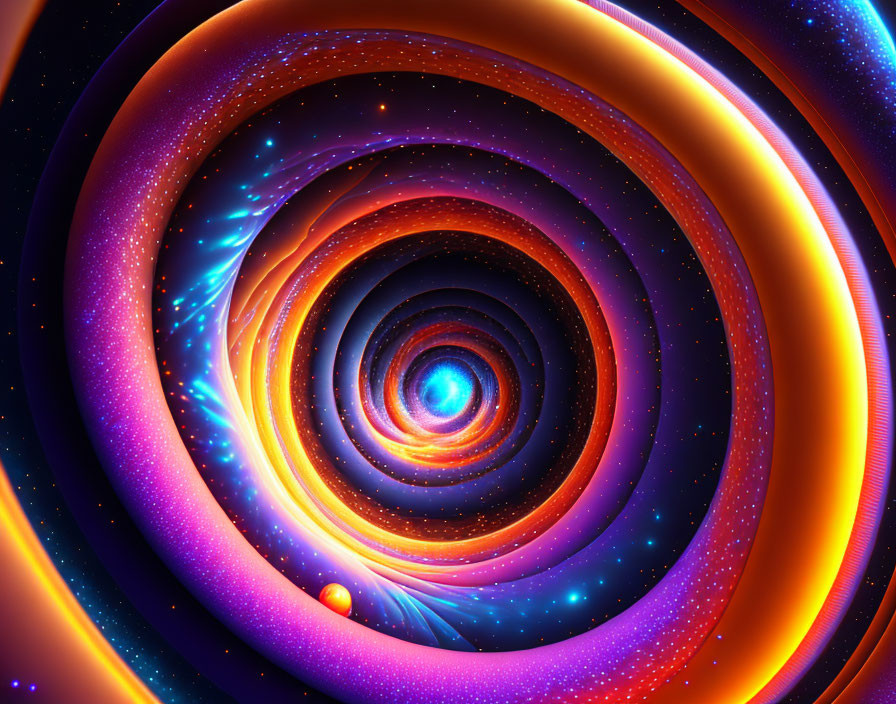 Colorful digital artwork of cosmic vortex with stars and planet