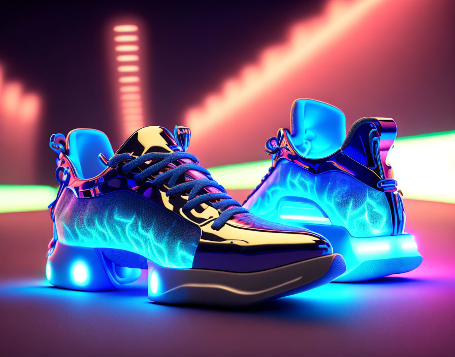 Futuristic sneakers with glowing soles and neon accents on vibrant abstract backdrop