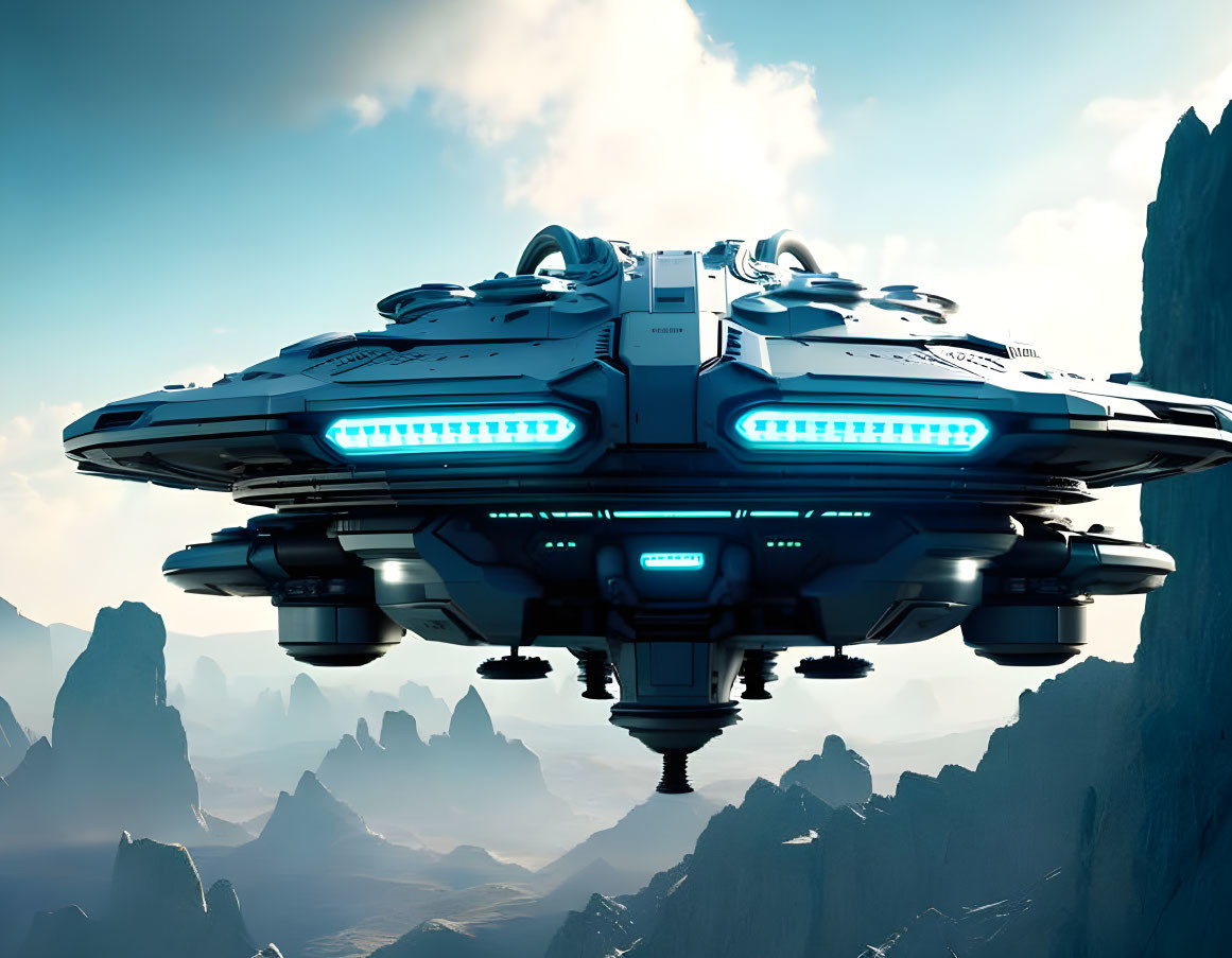 Futuristic spacecraft with glowing blue thrusters and intricate mechanical details among rocky peaks