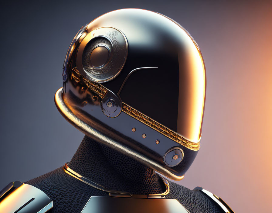 Futuristic humanoid figure wearing glossy detailed helmet on gradient background