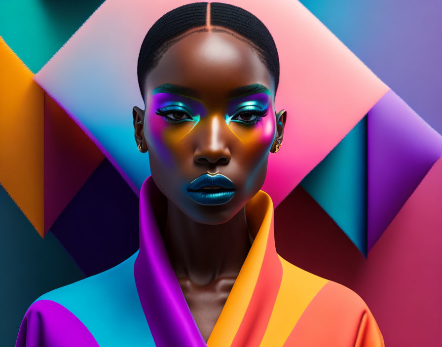 Vibrant geometric background complements woman's striking makeup