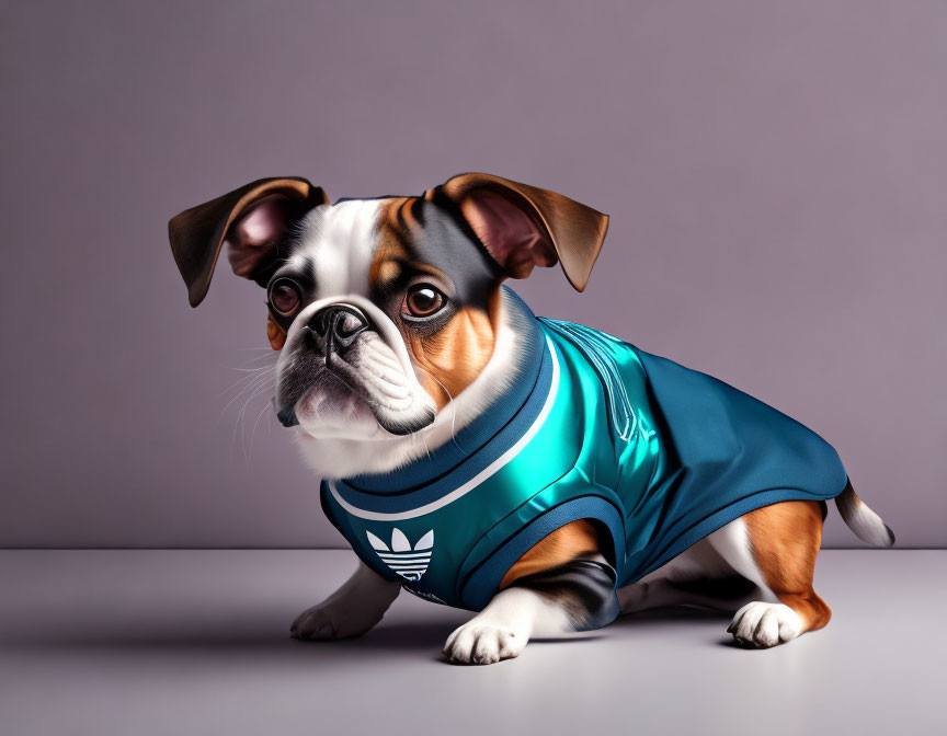 Stylized bulldog in turquoise t-shirt against purple backdrop