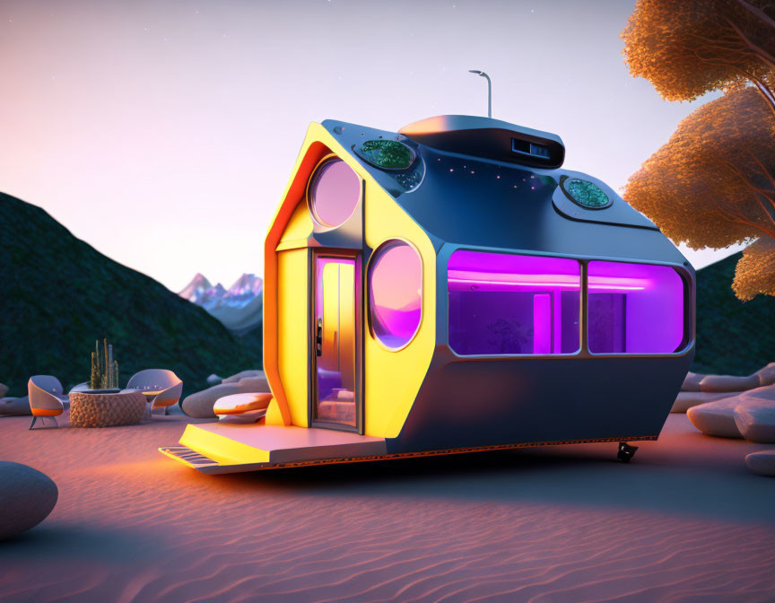 Futuristic tiny house with neon lights in desert landscape