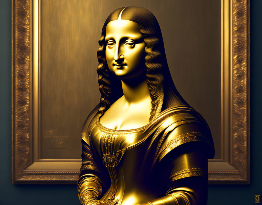 Golden 3D Mona Lisa with intricate textures on dark background