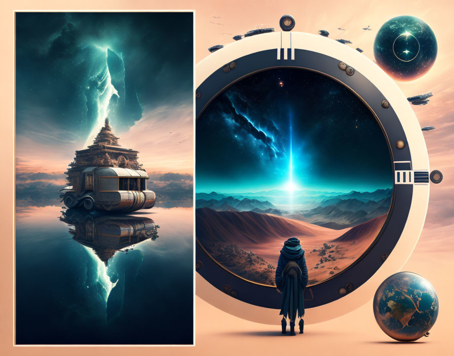 Person gazes at surreal landscape with floating island, beam of light, and hovering planets.