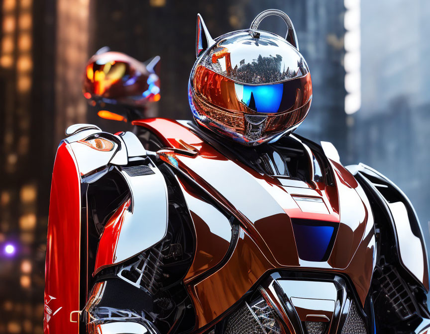 Futuristic motorcycle rider in reflective armor on red and white bike