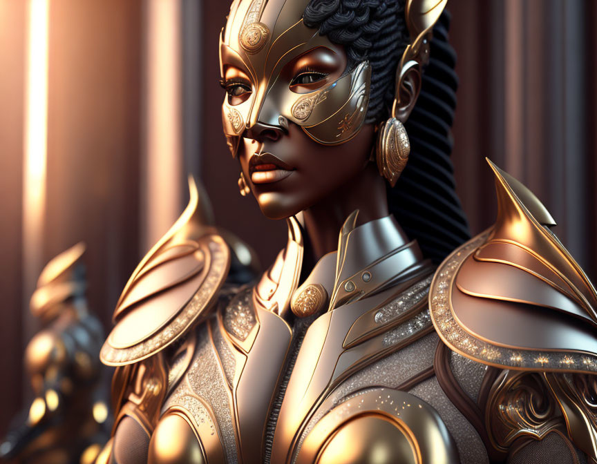 Elaborate golden armor woman digital artwork