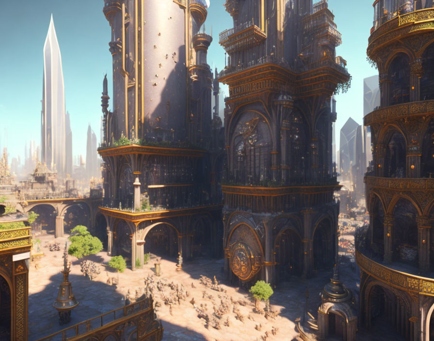 Fantastical Cityscape with Towering Spires and Ornate Buildings