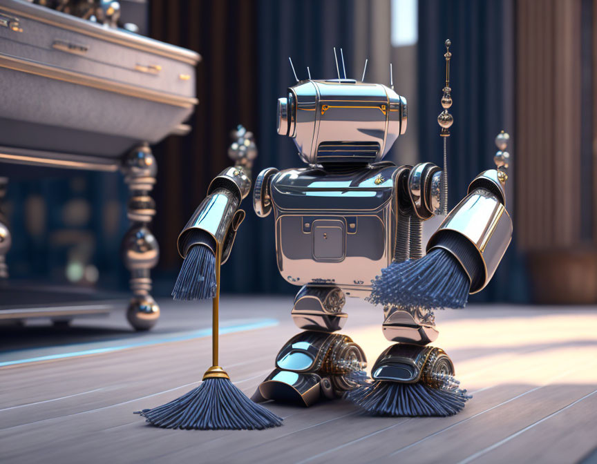 Vintage silver robot sweeping wooden floor in elegant interior