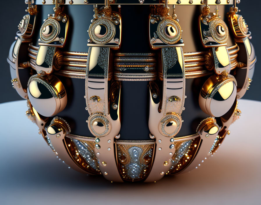 Detailed 3D fractal object with metallic textures and intricate gold patterns