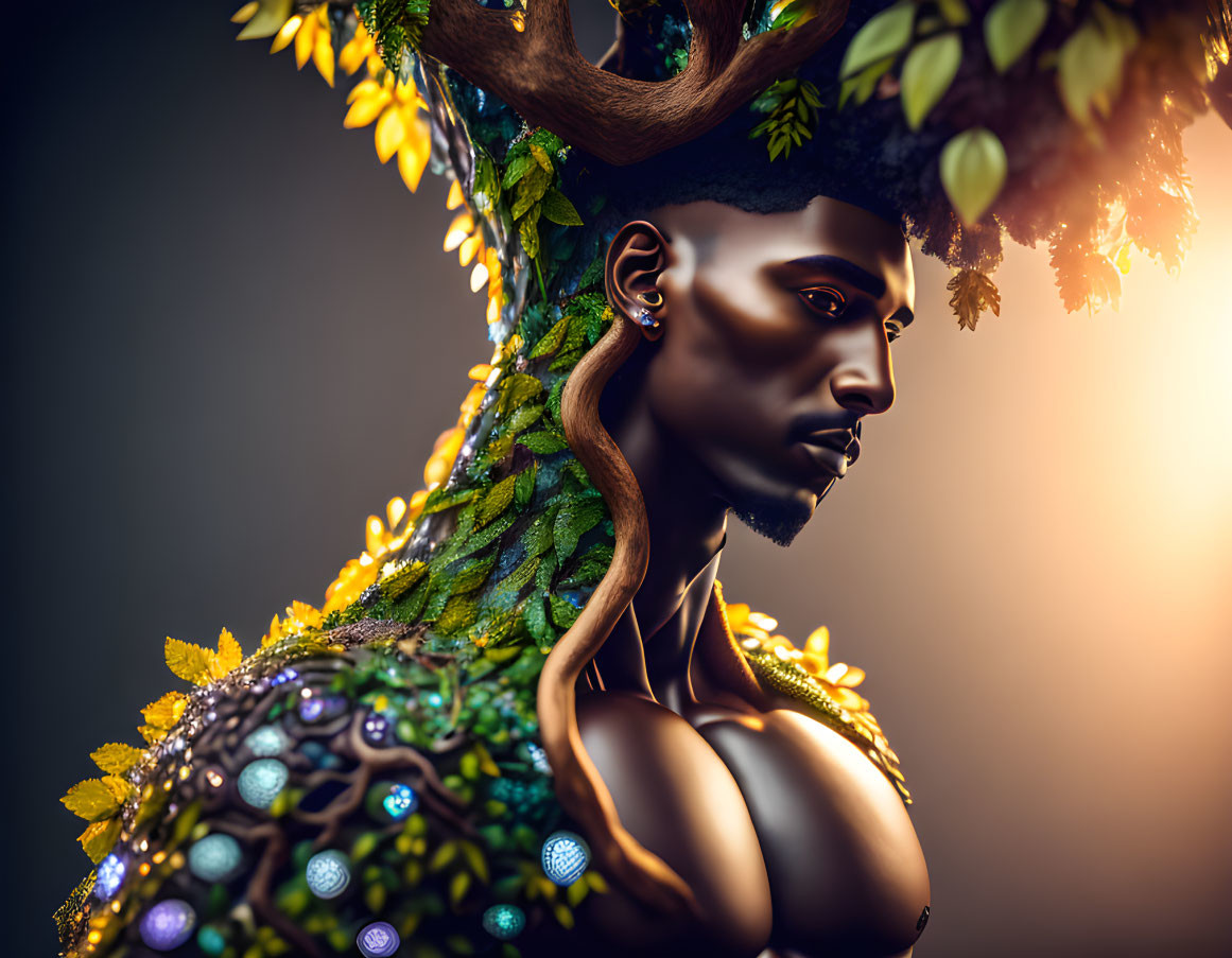 Fantastical portrait with tree-like headdress and glowing gems