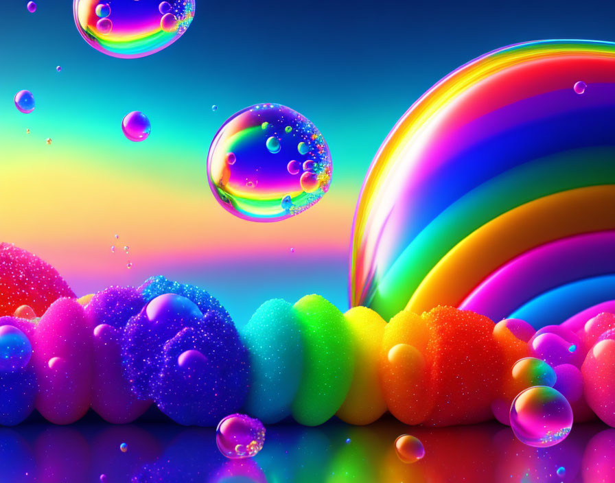 Colorful rainbow with bubbles and glitter hills on blue and pink backdrop