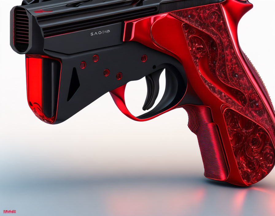 Detailed Red and Black Gun with "SAOJIN" Text - Fantasy Weapon Design