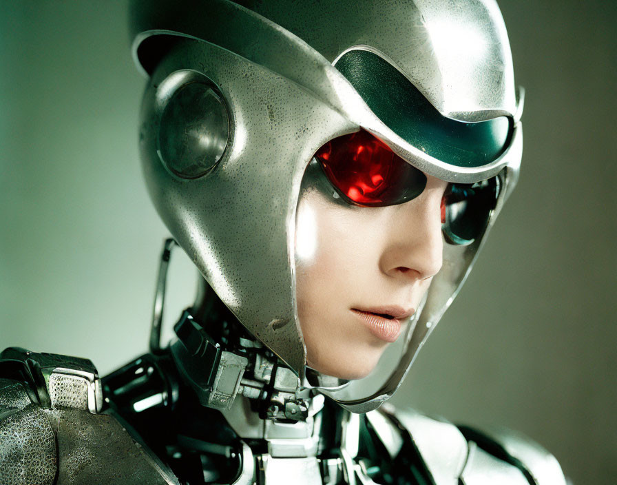 Futuristic robotic helmet with red visor on person in close-up