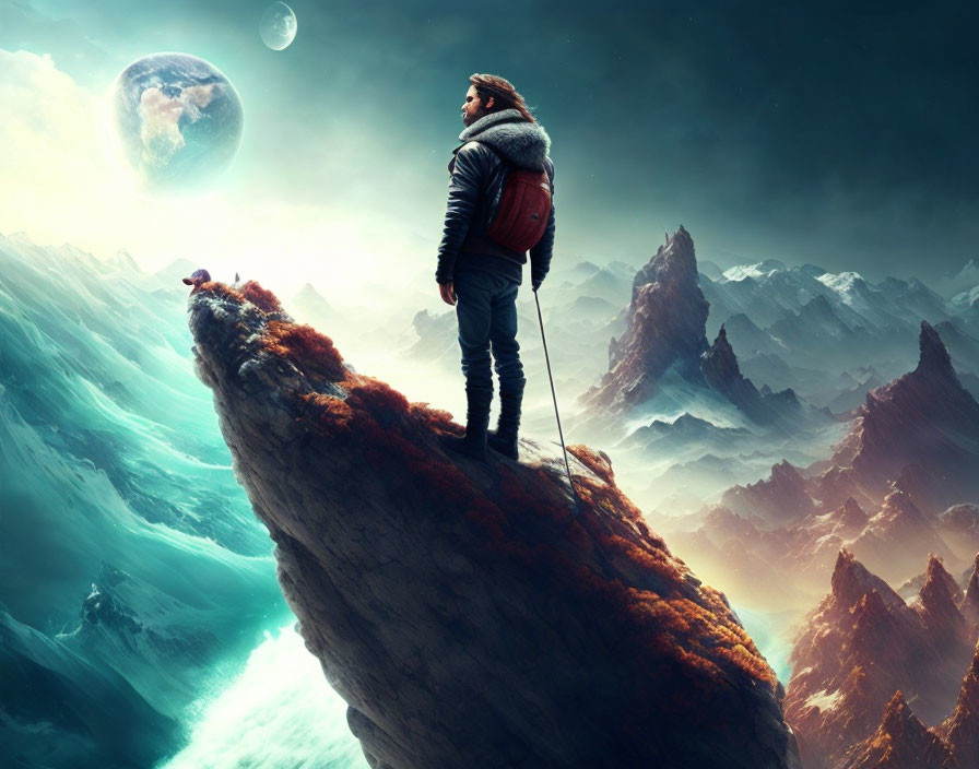 Person on jagged mountain peak gazes at surreal landscape with Earth in sky