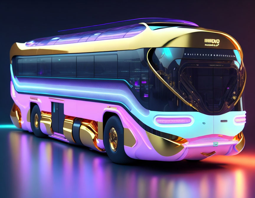 Sleek double-decker bus with futuristic design and neon accents