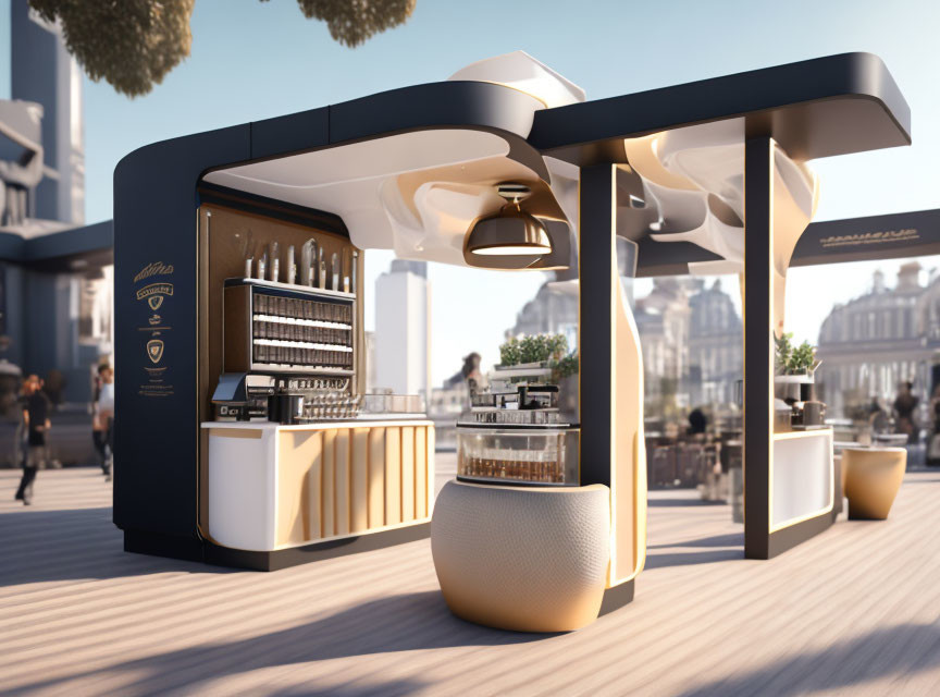 Sleek outdoor coffee kiosk with modern design and variety of machines and snacks.