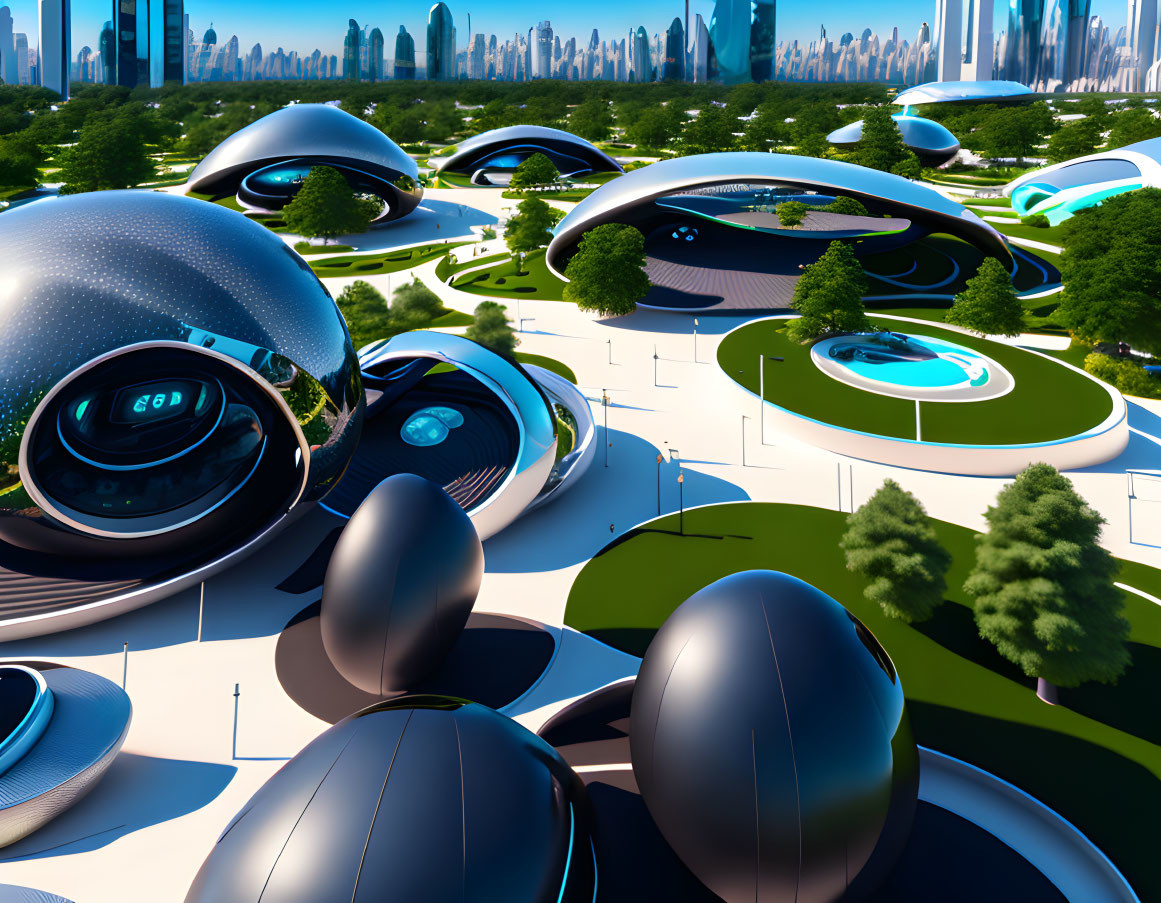 Dome-shaped buildings in futuristic cityscape