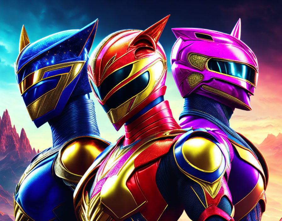 Three Power Rangers in Colorful Helmets and Armor Posed Heroically in Fiery Sky