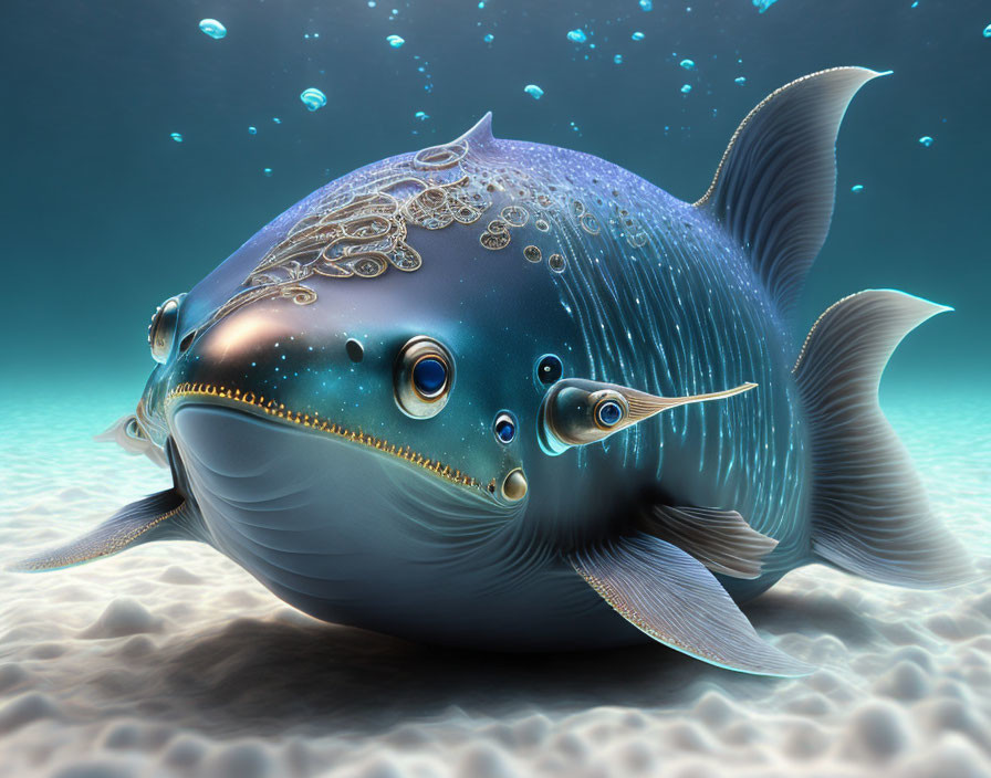 Hyper-realistic fish art with intricate patterns and textures in underwater scene