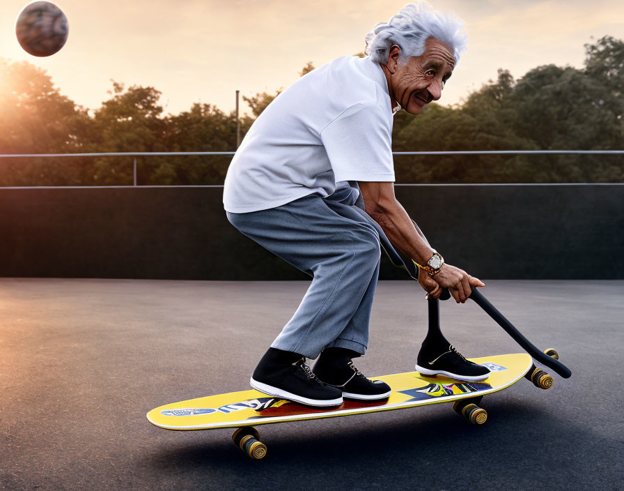 Elderly woman skateboarding with cane at sunset