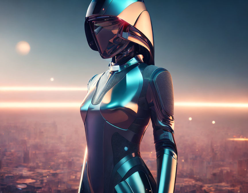 Futuristic robot in sleek design against cityscape at sunset