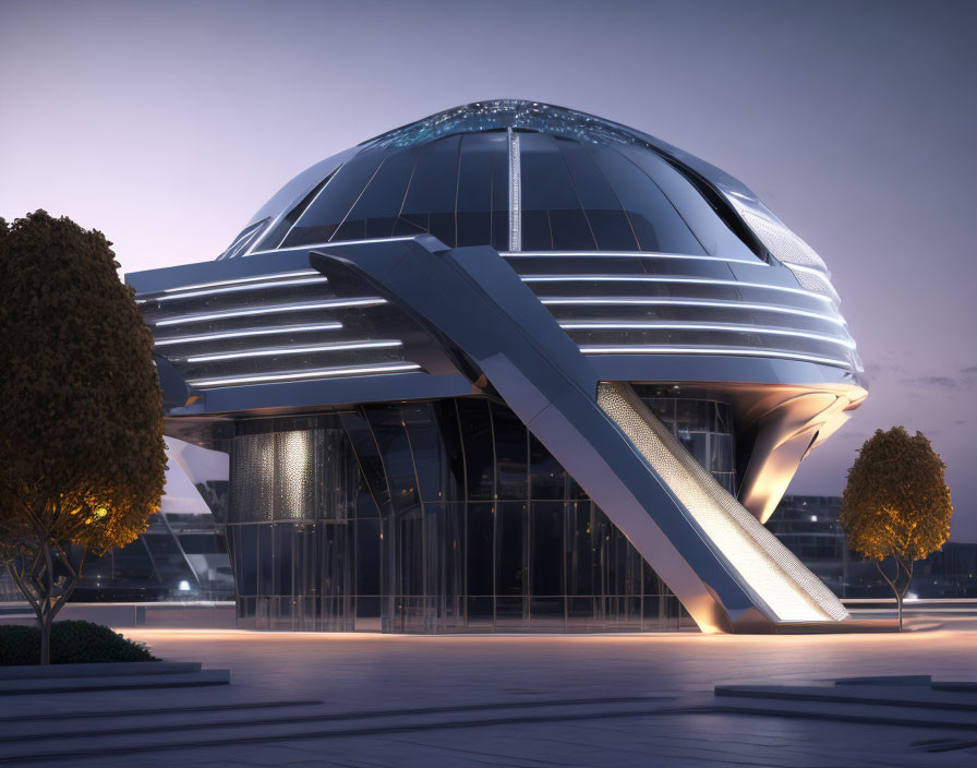 Twilight futuristic building with illuminated dome and walkways