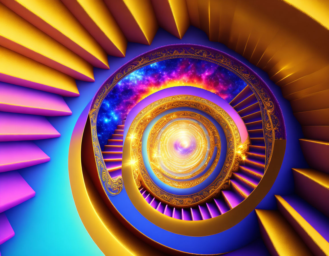 Colorful Digital Artwork: Spiral Staircase & Cosmic Galaxy