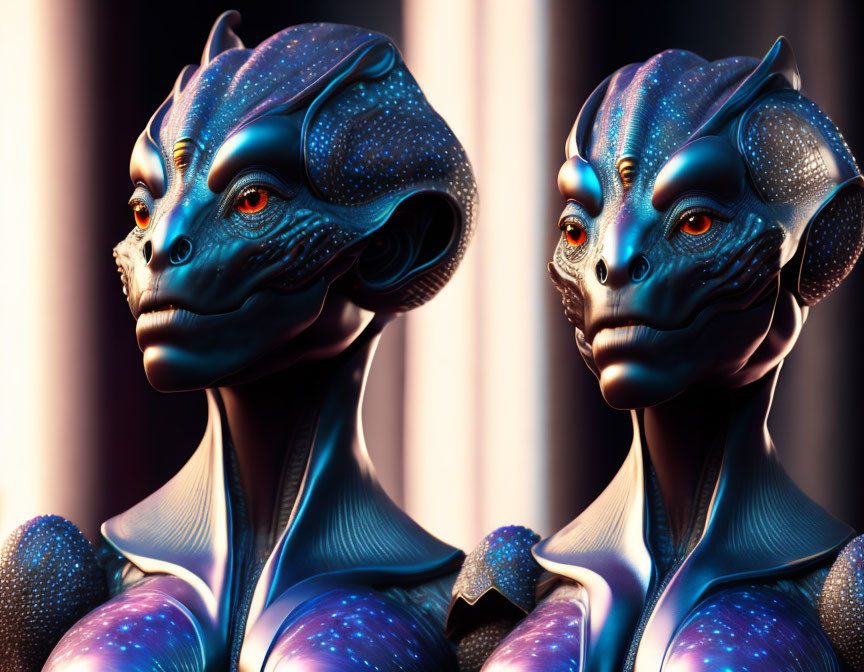 Blue humanoid alien creatures with intricate patterns on striped background