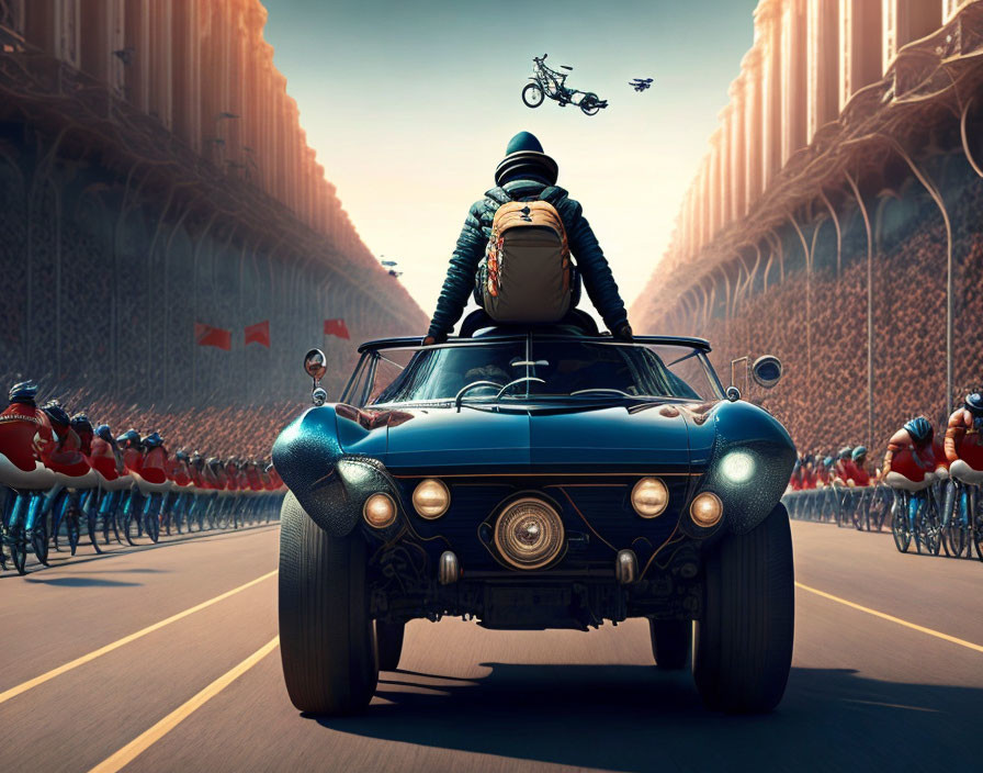 Person in helmet on classic car among cyclists and flying vehicles in futuristic city street