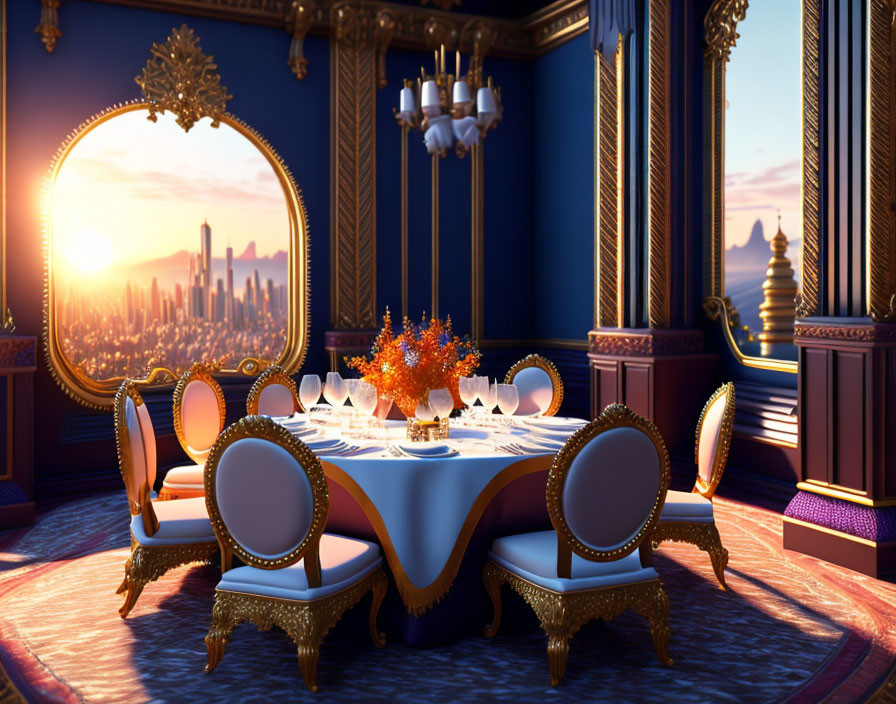 Luxurious Sunset Dining Room with Golden Table Setting & Cityscape View