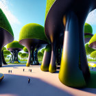 Futuristic park with tree-like structures and tiny human figures under blue sky